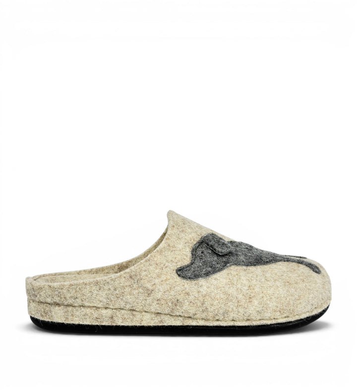 House of Florian beige felt wool slippers featuring a dark grey dog silhouette design on the side