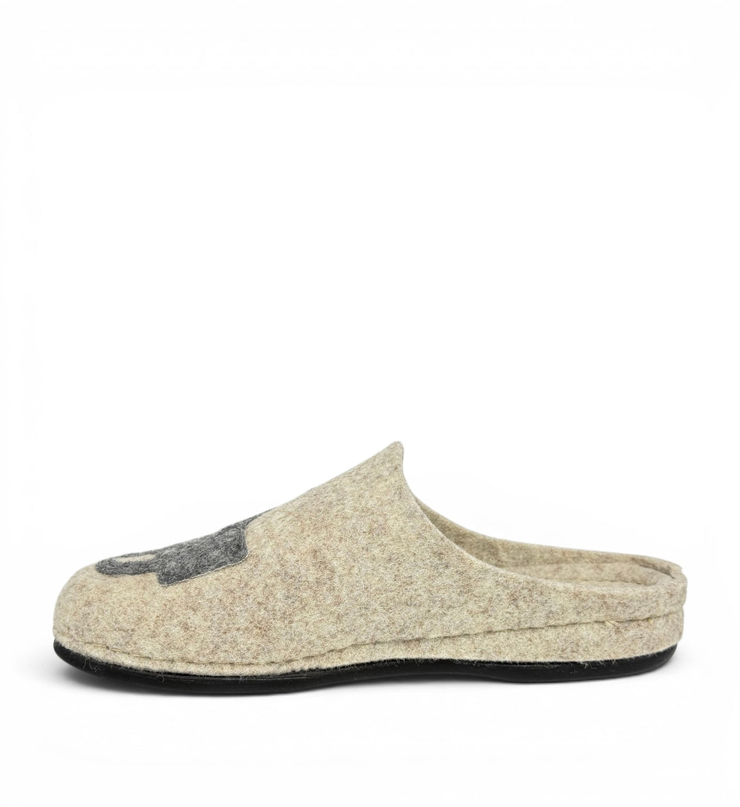 House of Florian Dash slip-on slipper in beige felted wool with a grey decorative accent and black rubber sole