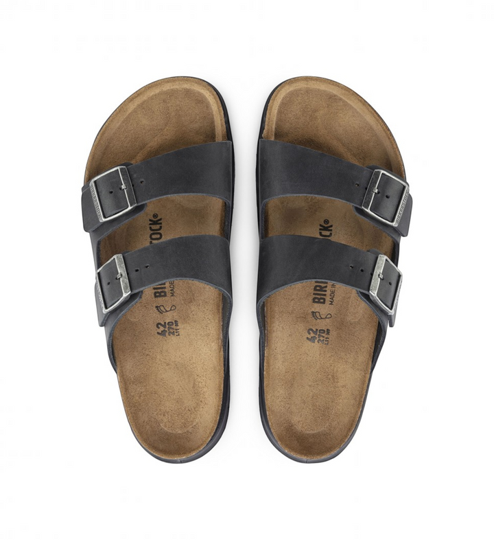 House of Florian Birkenstock Arizona black oiled nubuck leather sandals with two adjustable straps and cork footbed.