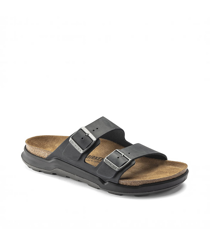 House of Florian Birkenstock Arizona CT black oiled nubuck leather sandals with cork footbed and reinforced sole.