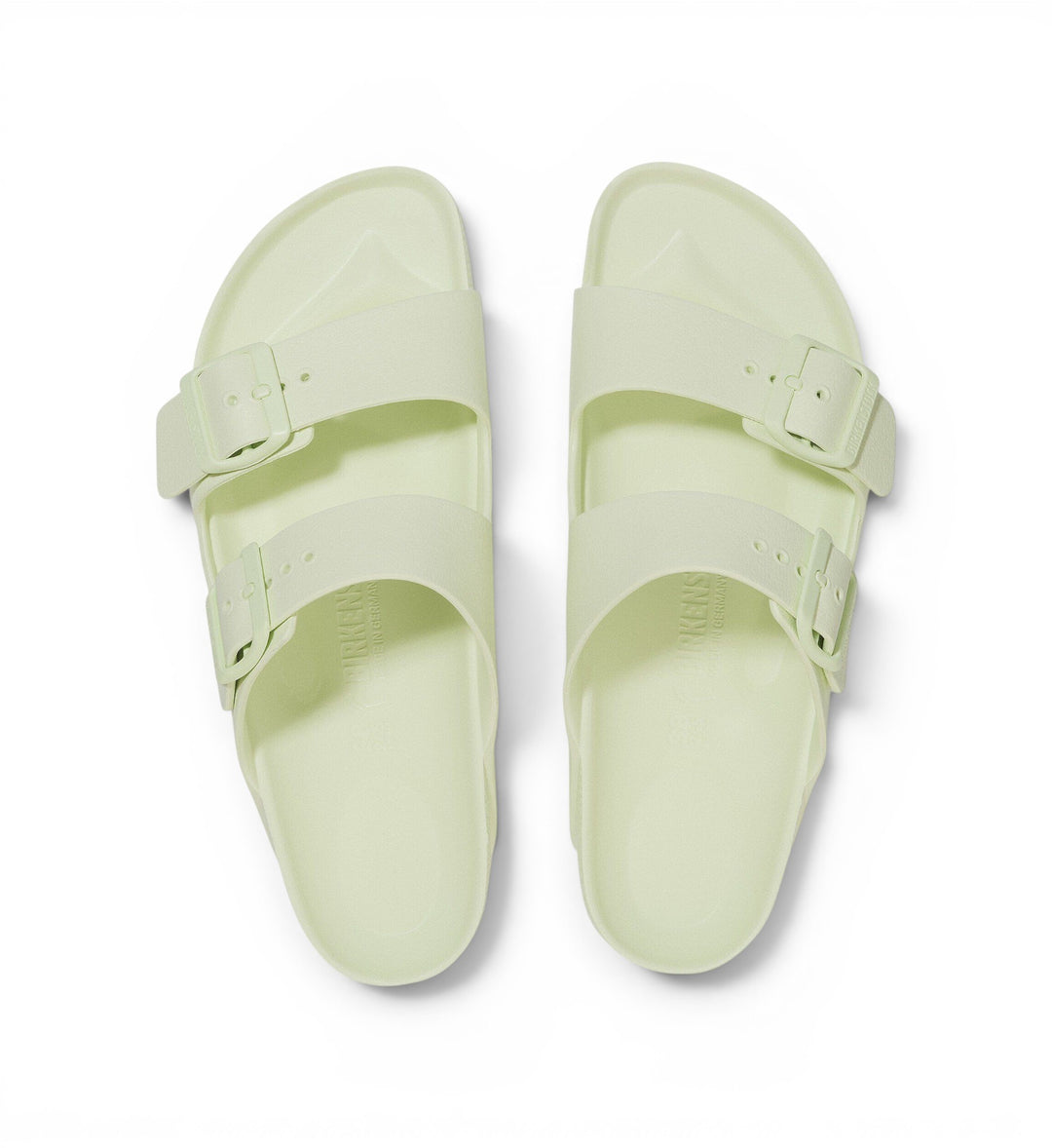 House of Florian Birkenstock Arizona EVA sandals in faded lime with dual adjustable straps and contoured footbed.