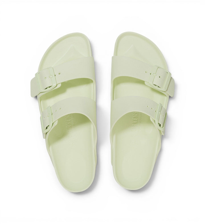 House of Florian Birkenstock Arizona EVA sandals in faded lime with dual adjustable straps and contoured footbed.