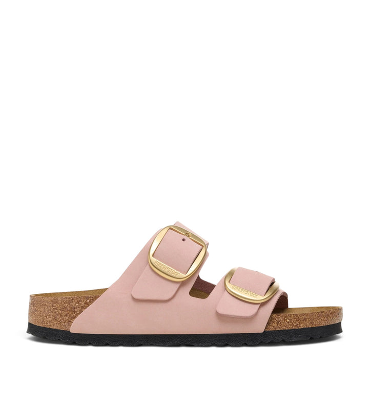 House of Florian Birkenstock Arizona Big Buckle sandals in soft pink nubuck leather with gold-tone buckles and cork footbed