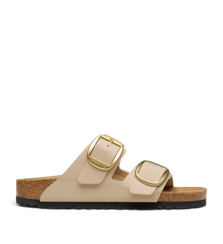 House of Florian Birkenstock Arizona Big Buckle sandals in sandcastle Birko-Flor with oversized gold buckles and cork footbed
