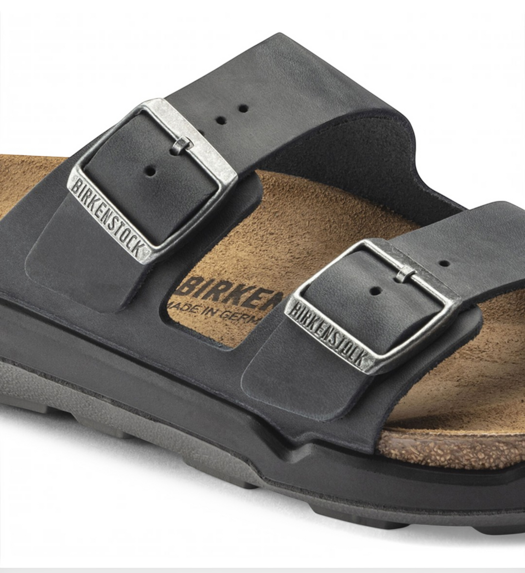 House of Florian Birkenstock Arizona black oiled nubuck leather sandal with adjustable metal buckles and cork footbed.