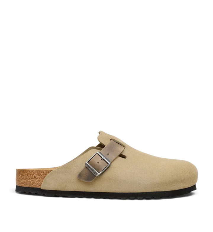House of Florian Birkenstock Boston clog in faded khaki suede leather with an adjustable strap and cork footbed