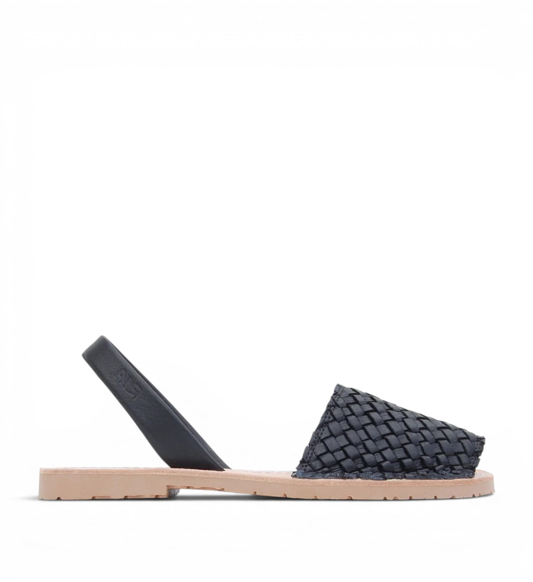 House of Florian Viva Avarcas black braided leather sandals with tan sole and slingback strap.