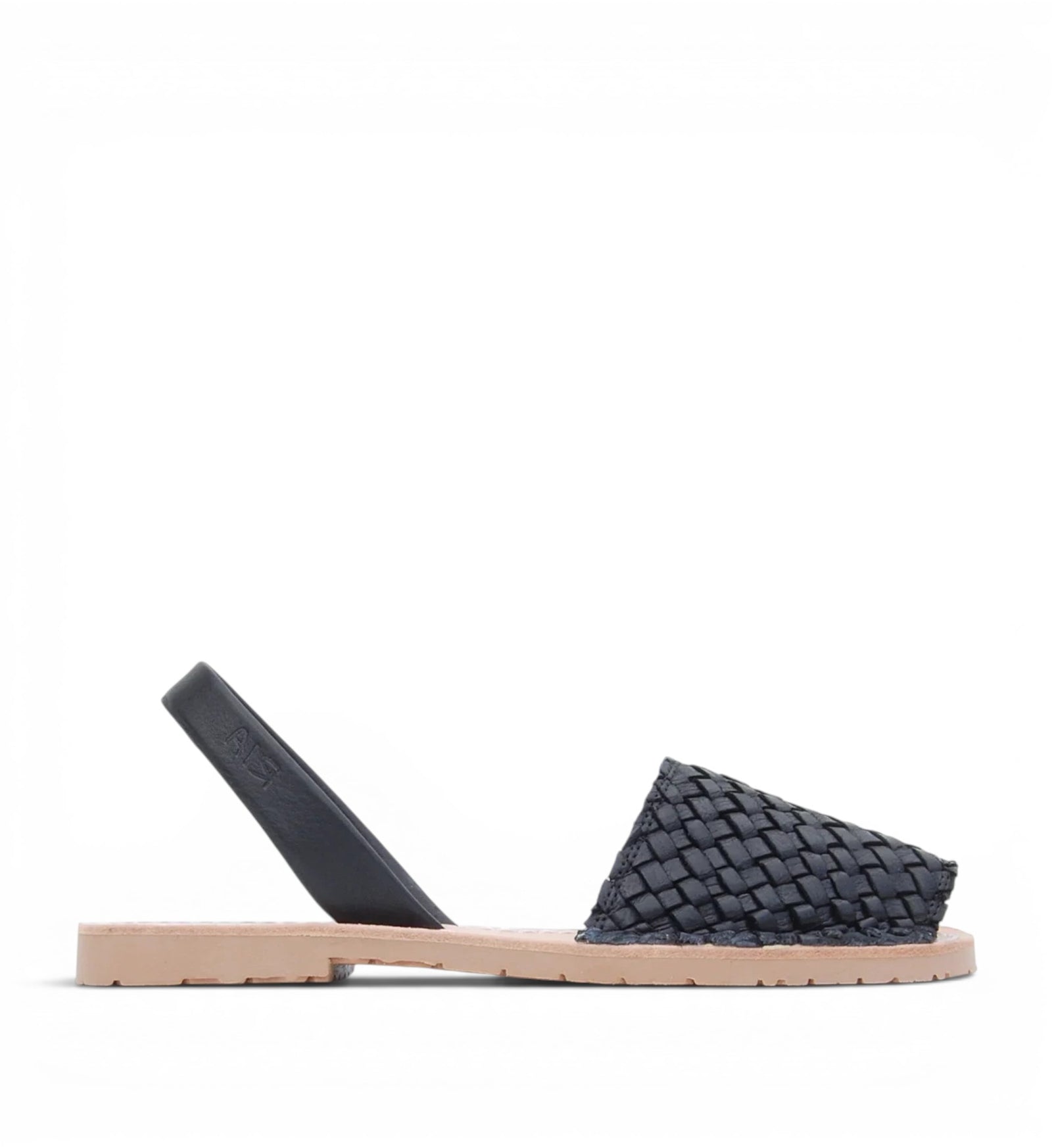 House of Florian Viva Avarcas black braided leather sandals with tan sole and slingback strap.