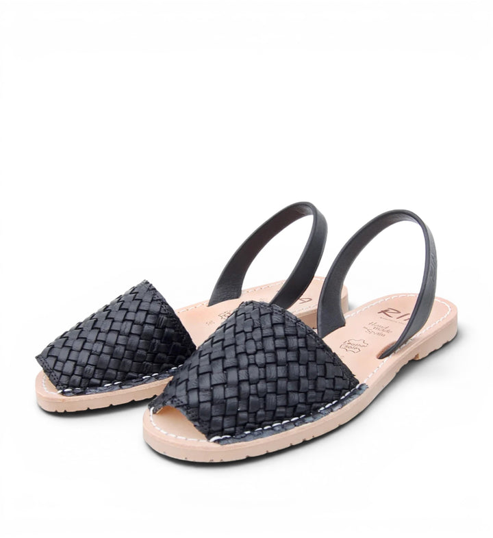 House of Florian Viva Avarcas black braided leather slingback sandals with open toe.