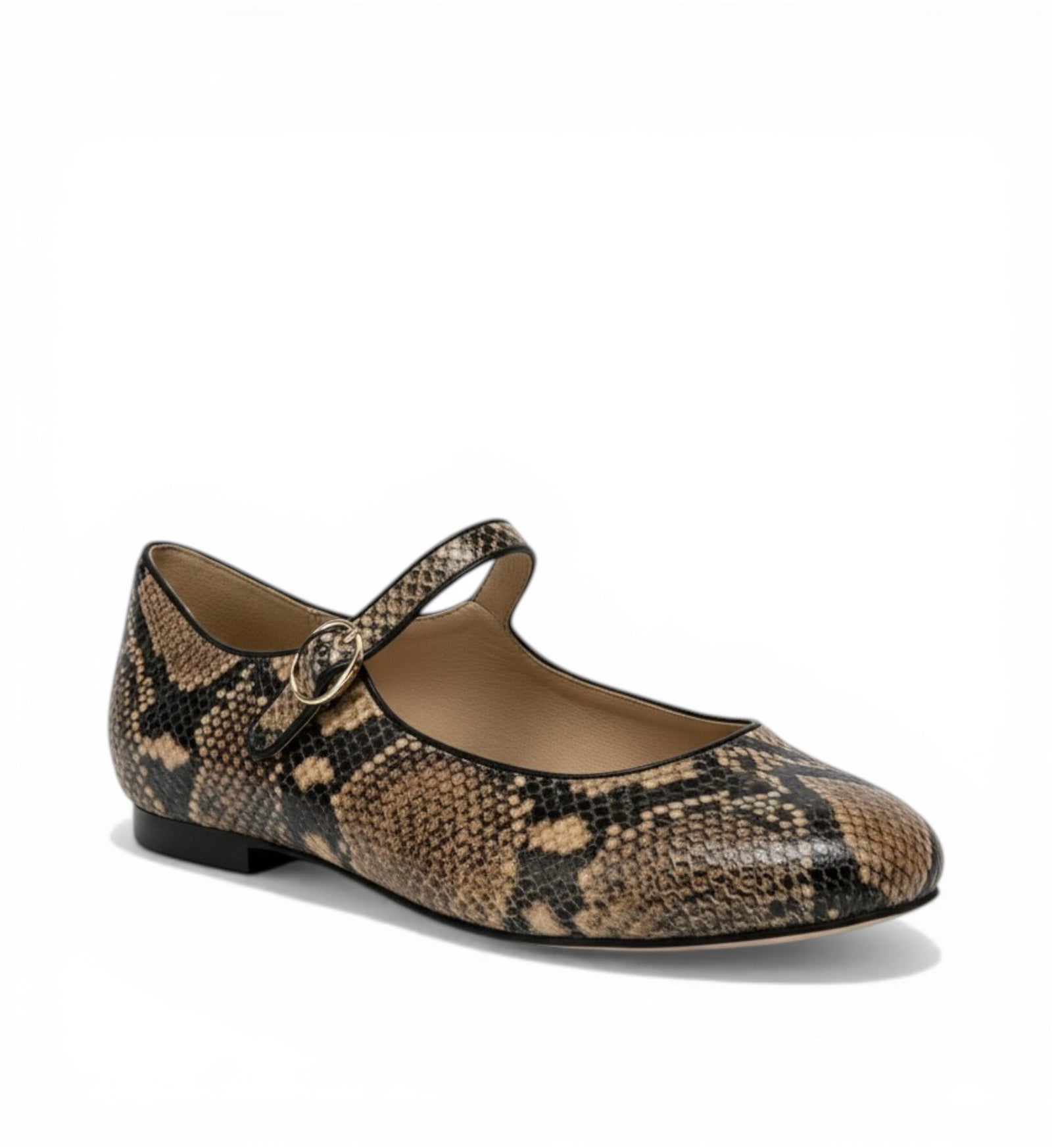 House of Florian Chimi XW black and caramel snake print Mary Jane flats with buckle strap.