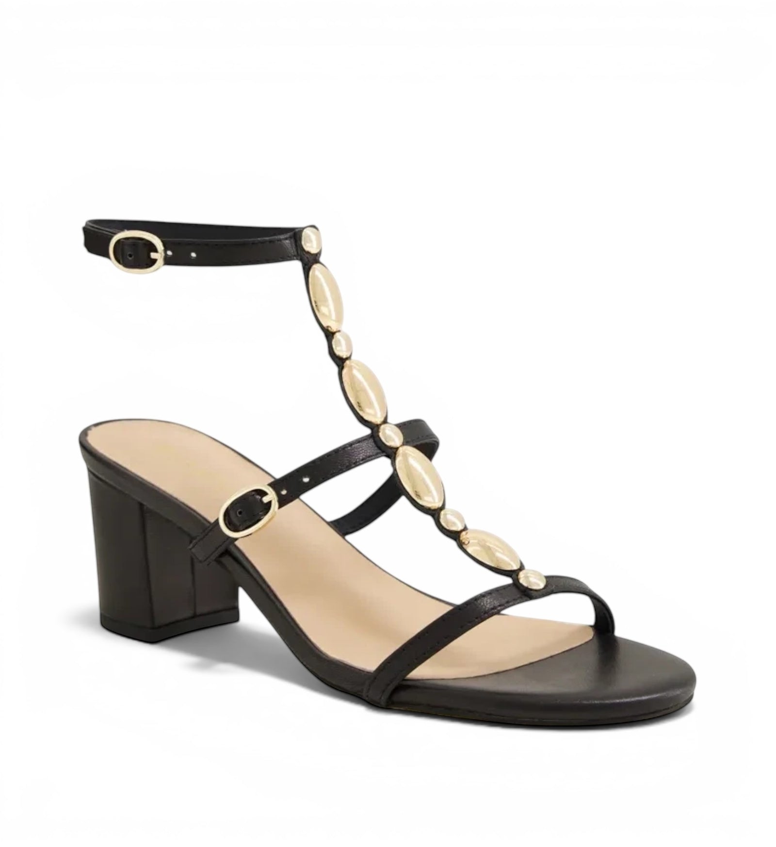 House of Florian Glimery black block heel sandals with gold-tone oval embellishments and adjustable ankle strap