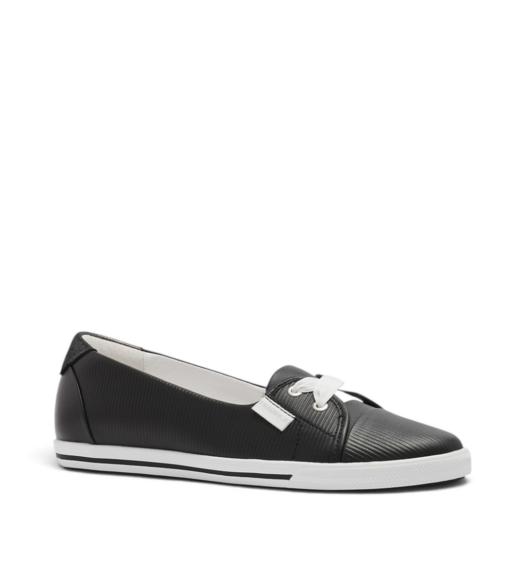 House of Florian Hannah III black embossed slip-on sneaker with white laces and a low-profile rubber sole