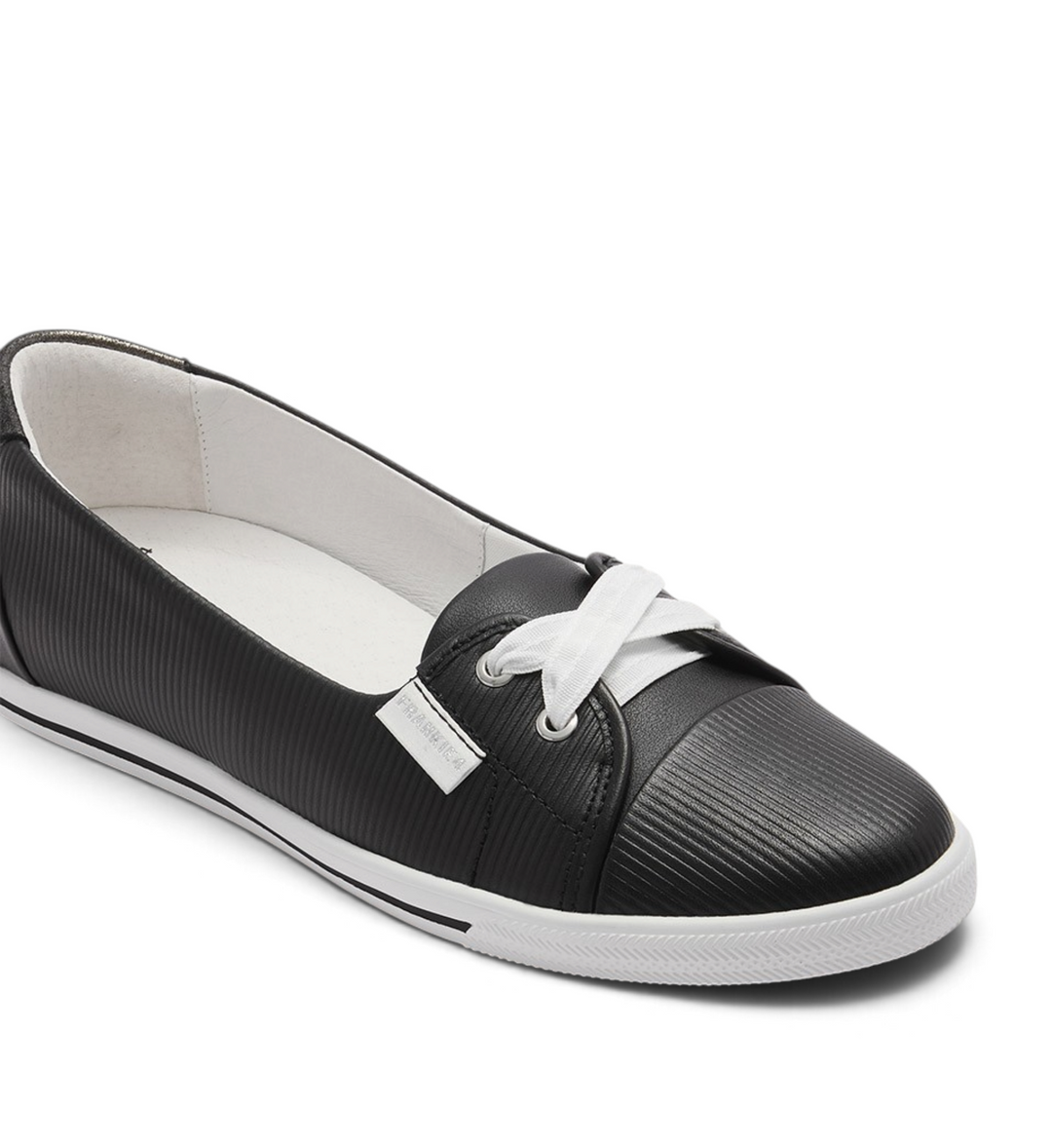 House of Florian Hannah III black embossed slip-on sneaker with white laces and a white rubber sole