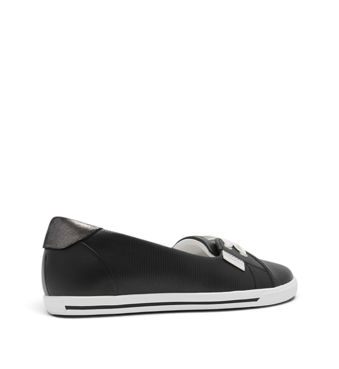 House of Florian Hannah III black embossed slip-on sneaker with a white rubber sole and metallic heel detail