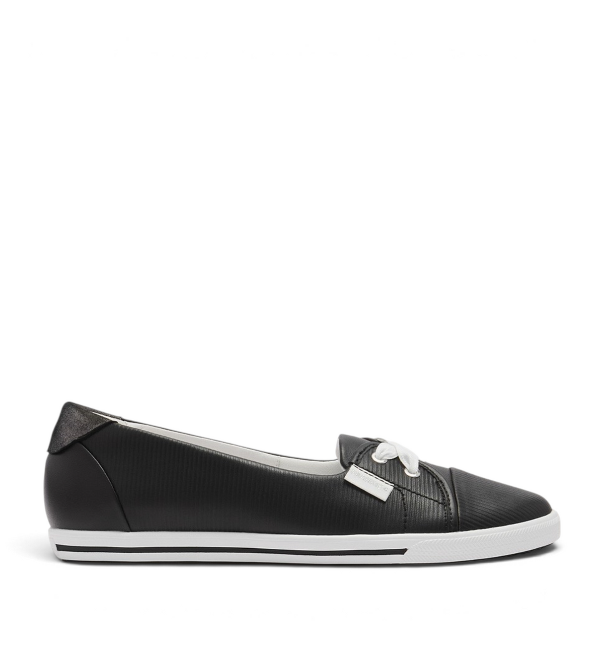 House of Florian Hannah III black embossed slip-on sneaker with white laces and a low-profile rubber sole