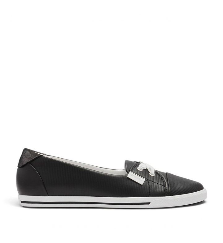 House of Florian Hannah III black embossed slip-on sneaker with white laces and a low-profile rubber sole