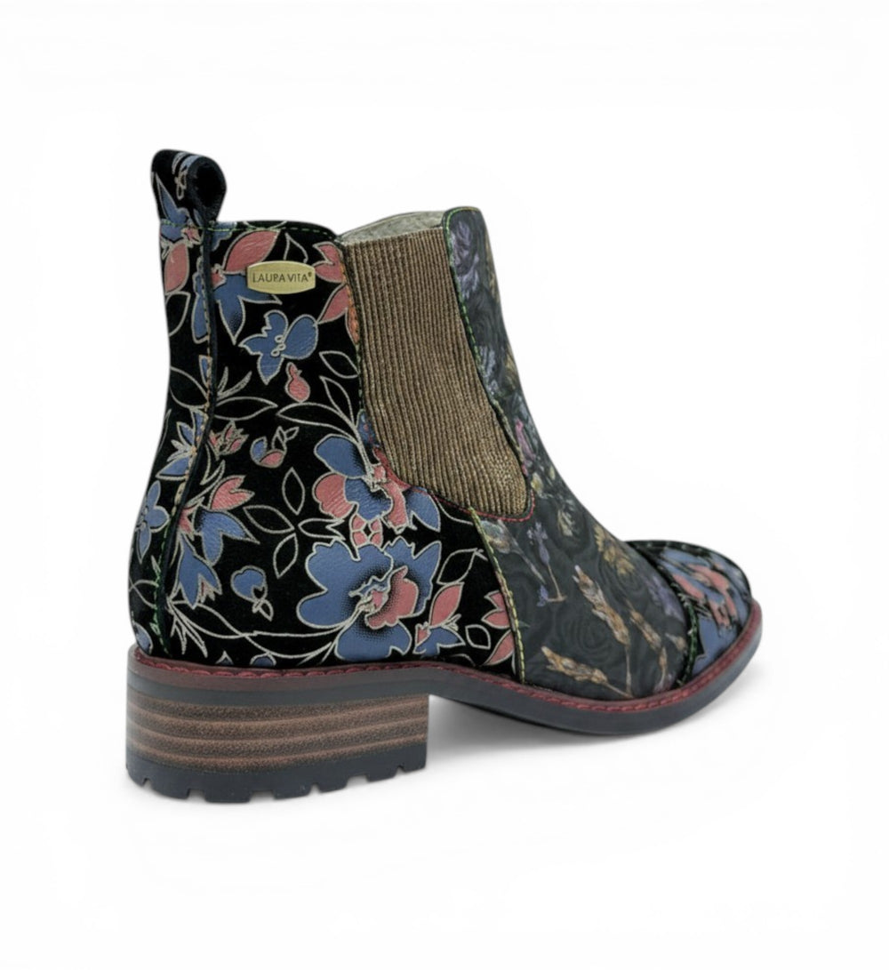 House of Florian Ercwino 02 black ankle boots with a floral print in blue and pink, featuring elasticated side panels and a low block heel.
