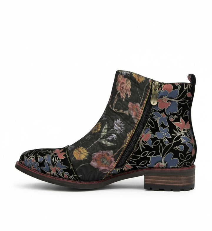House of Florian Ercwino 02 Black floral print ankle boots with side zip and low heel.
