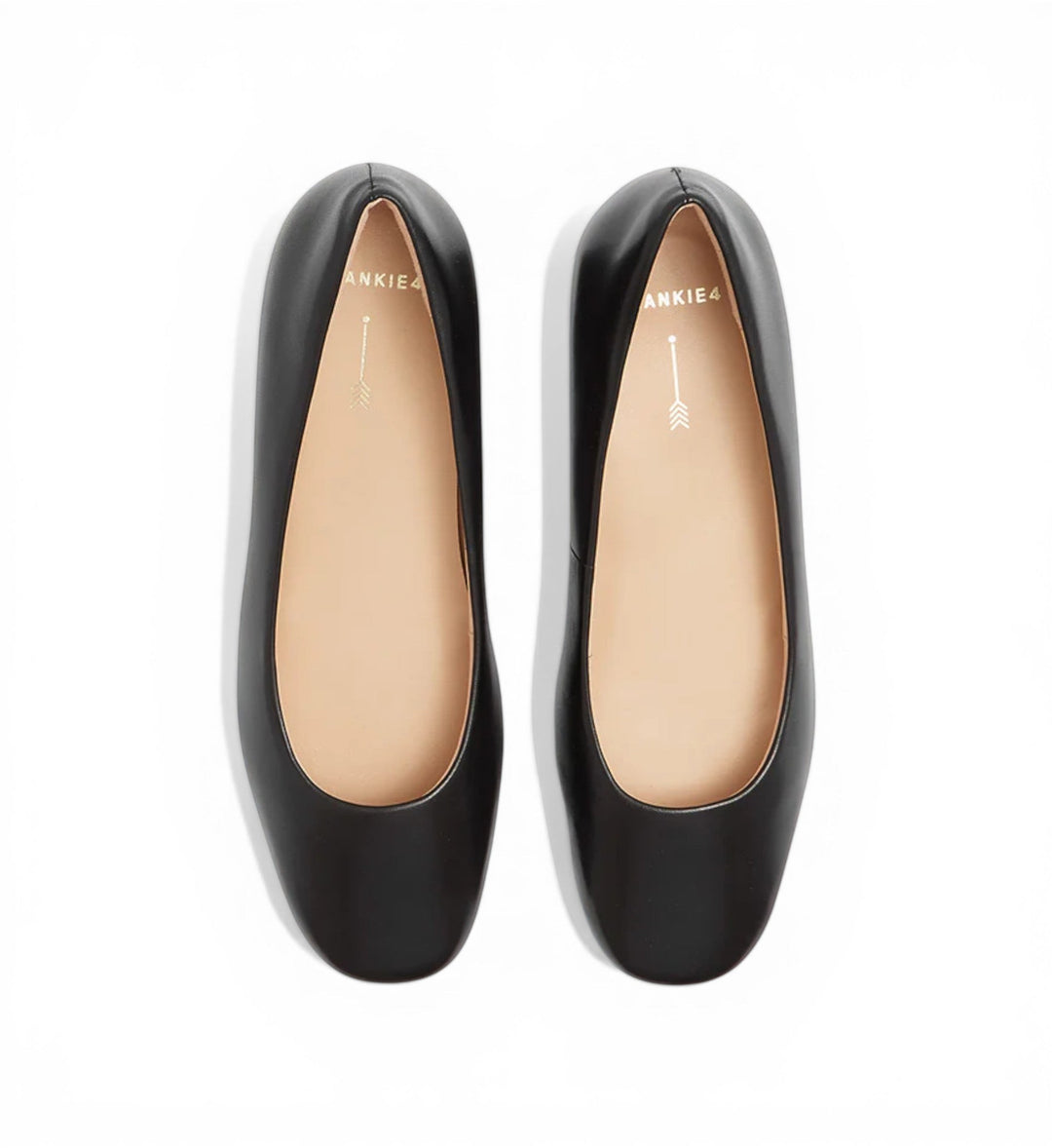 House of Florian Cleo black leather ballet flats with a square toe and subtle arrow detail on the insole.