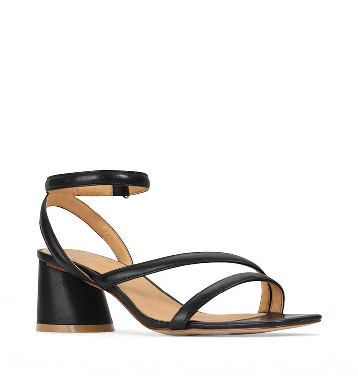 House of Florian Petricia black leather sandals with a low block heel and delicate ankle strap