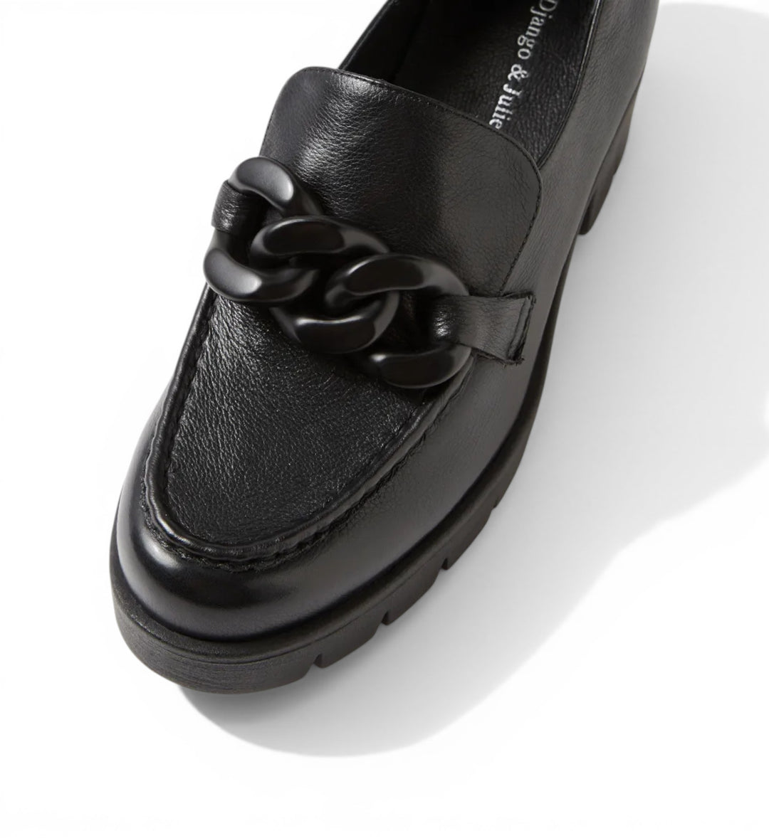 House of Florian Hanini black leather loafers with chunky chain detail and lug sole.