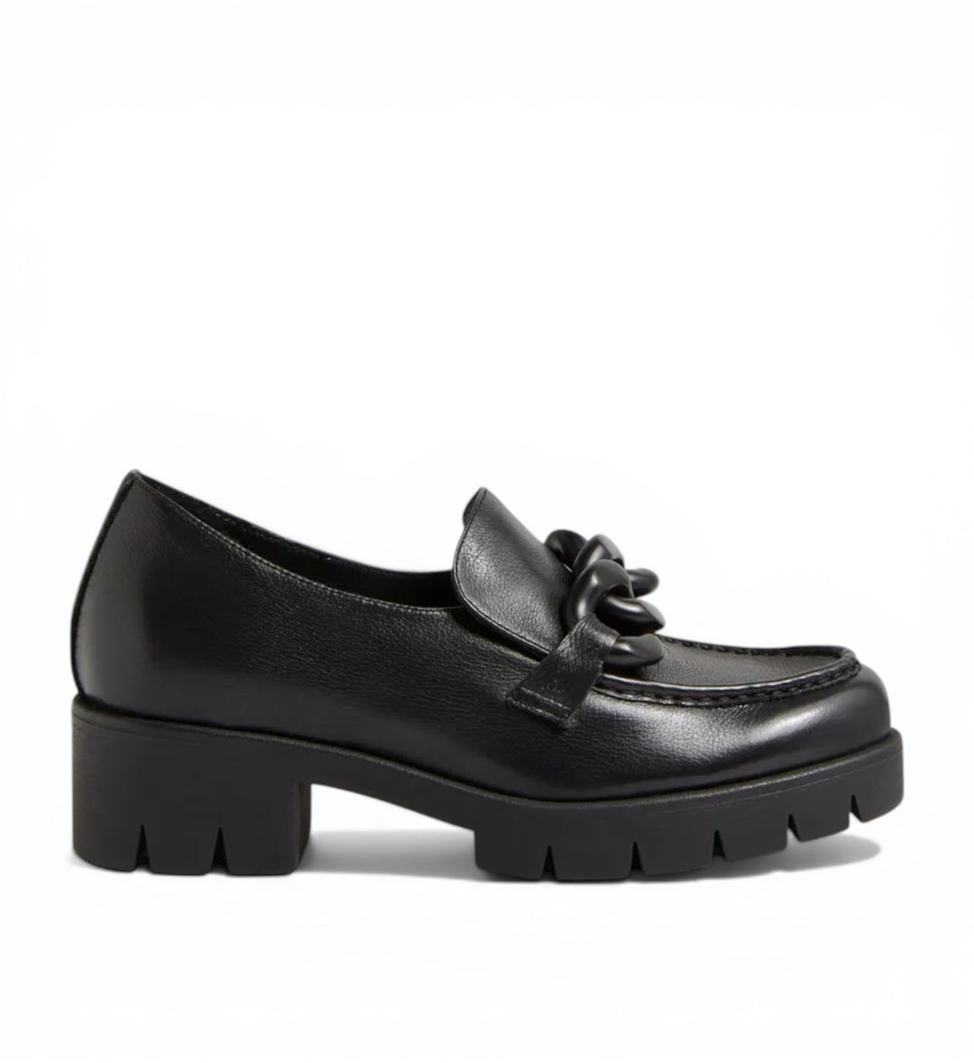 House of Florian Hanini black leather loafers with chunky chain detail and platform sole.