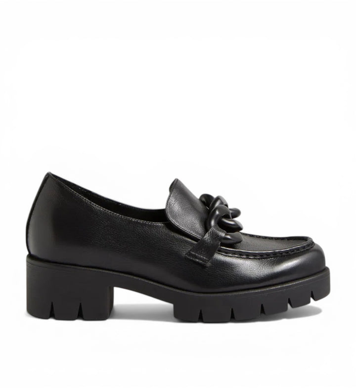 House of Florian Hanini black leather loafers with chunky chain detail and platform sole.
