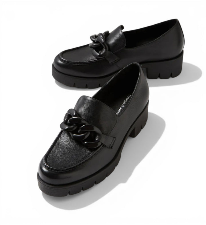 House of Florian Hanini Black leather loafers with chunky chain detail and platform sole.