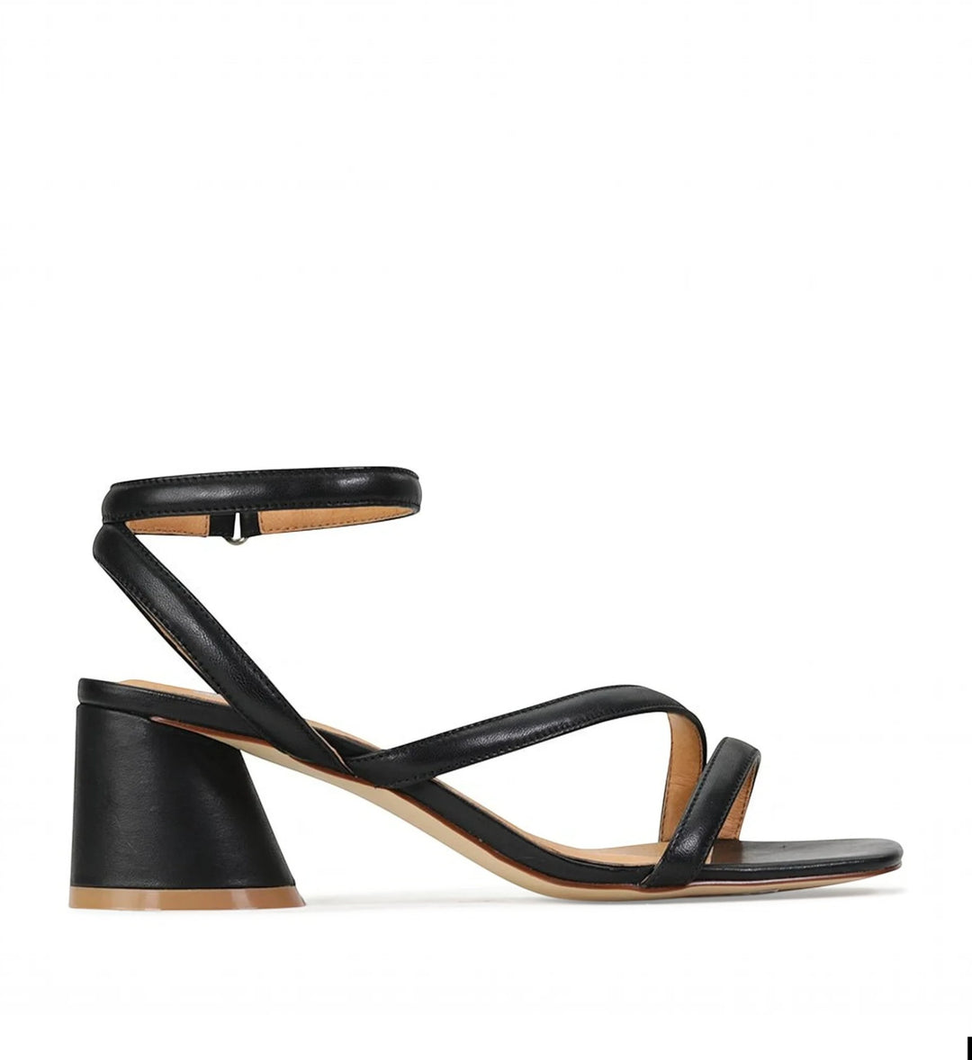 House of Florian Petricia black leather heeled sandals with an ankle strap and a block heel.