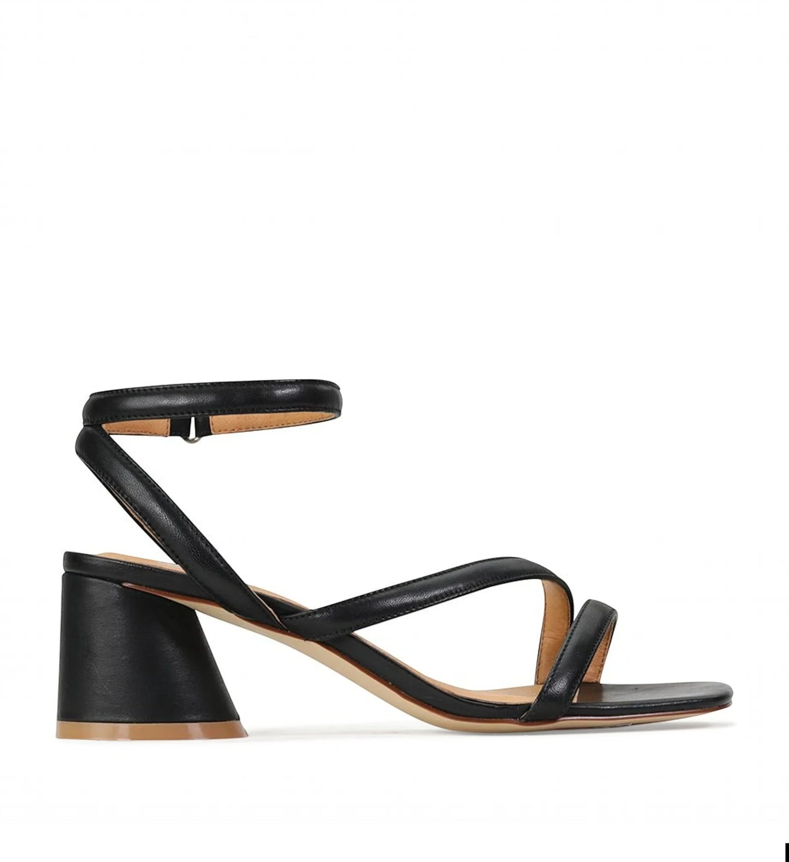 House of Florian Petricia black leather heeled sandals with an ankle strap and a block heel.
