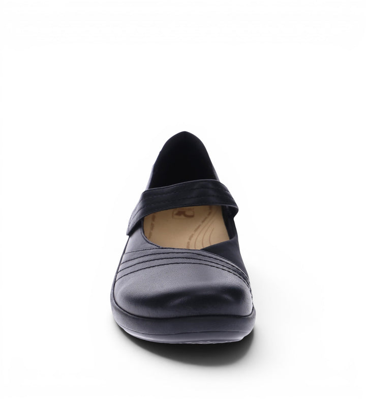 House of Florian REVERE Timaru W Black French mary jane shoe with neoprene panels and adjustable strap for comfort.