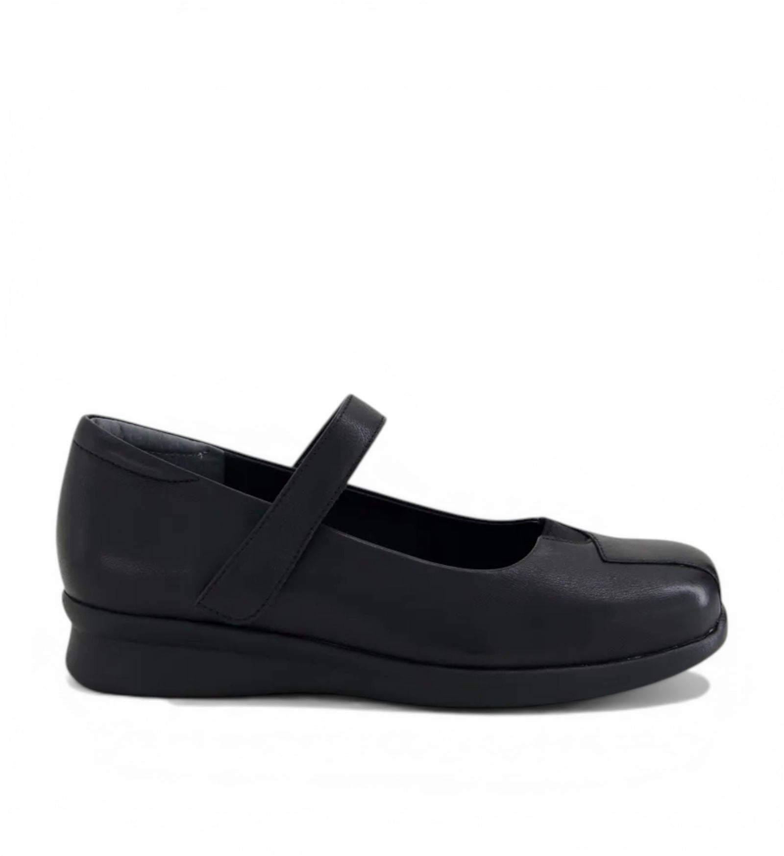 House of Florian Rhapsody W black leather mary jane shoes with adjustable strap and square toe.