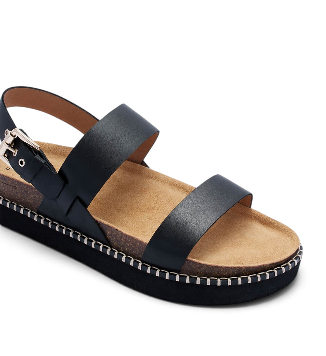 House of Florian Hunter black smooth leather sandal with a cork footbed, platform sole, and adjustable buckle strap.