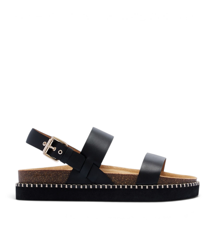 House of Florian Hunter black smooth leather sandals with a cork footbed, gold buckle, and thick platform sole.