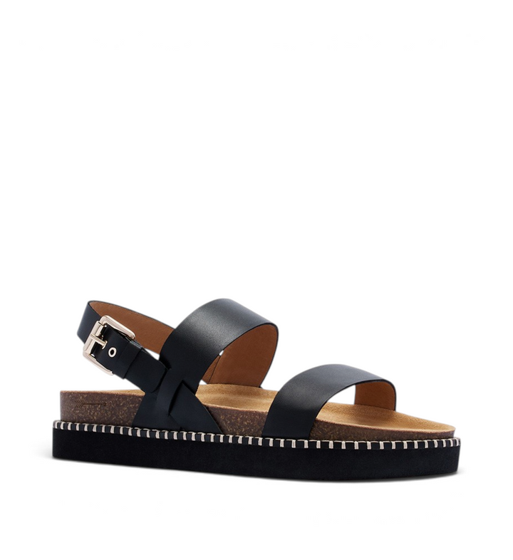 House of Florian Hunter black smooth leather sandals with a cork footbed, platform sole, and adjustable buckle strap.