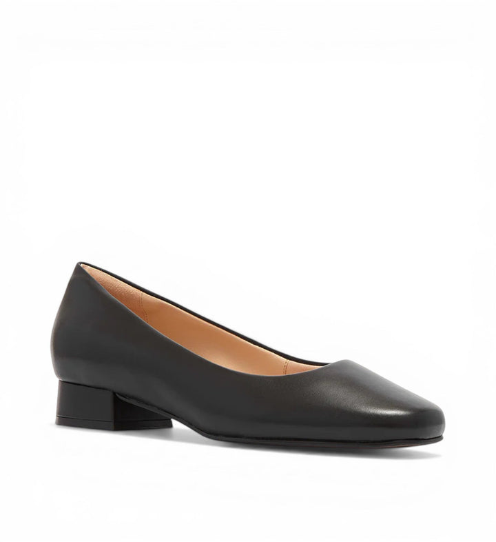 FRANKIE4 Cleo black leather square-toe low block heel pumps with adjustable fit footbed