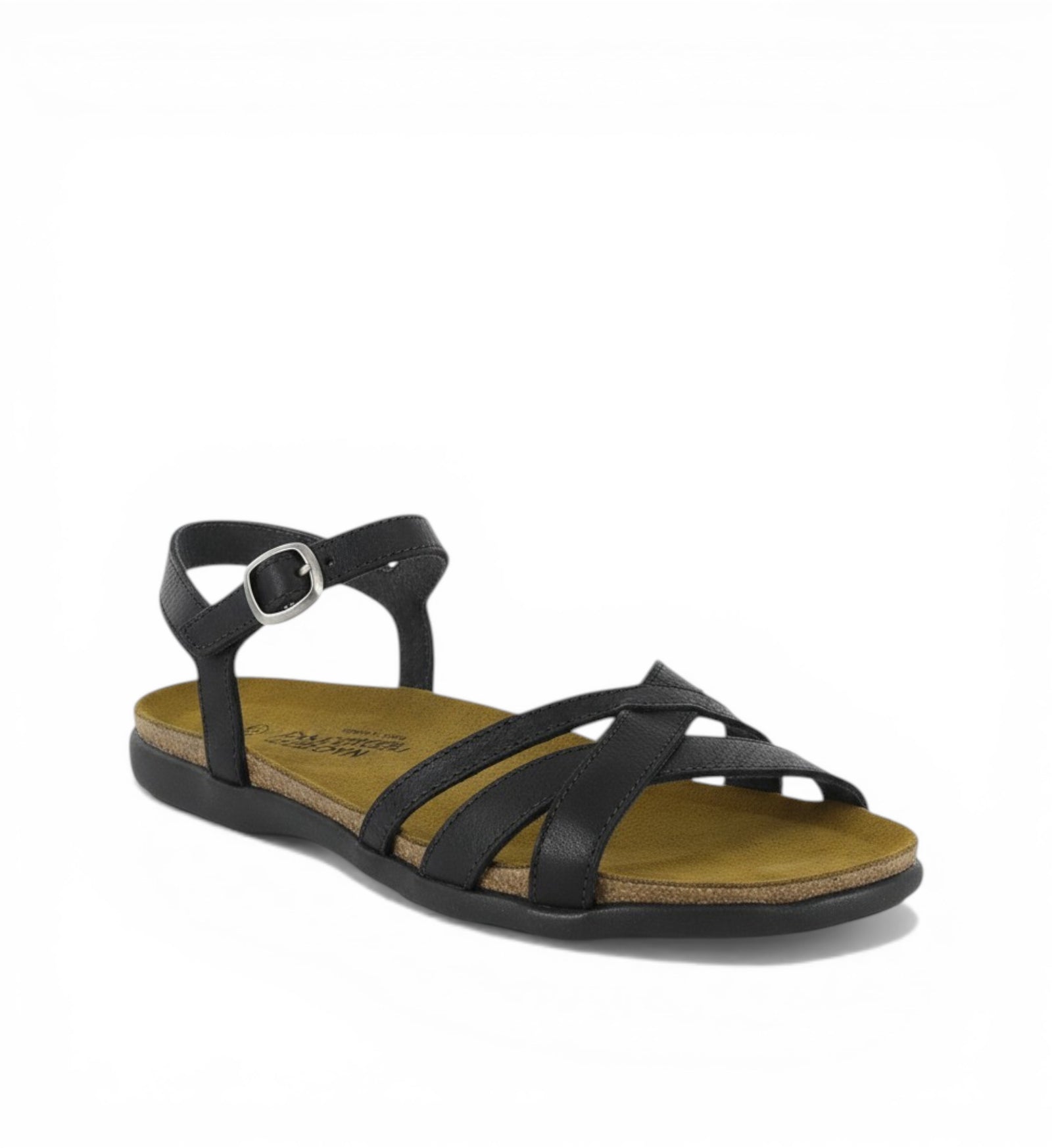 House of Florian black leather strappy sandal with ankle strap and cork footbed.