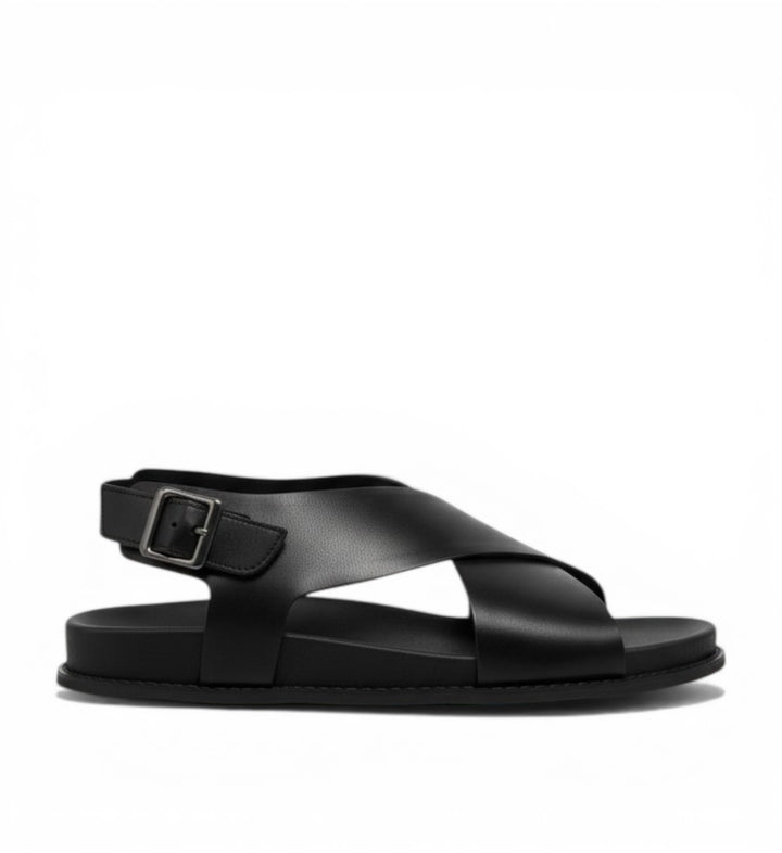 House of Florian black leather criss-cross strap sandals with buckled heel strap and Pillow Walk footbed.