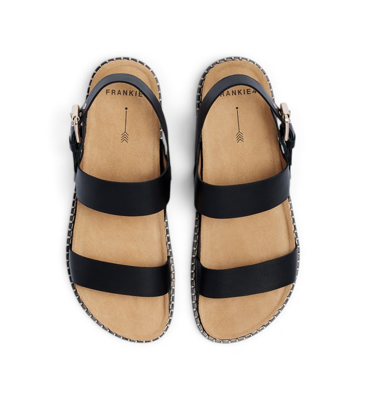 House of Florian Hunter black smooth leather sandals with two straps, slingback buckle, and stitched edge detail.
