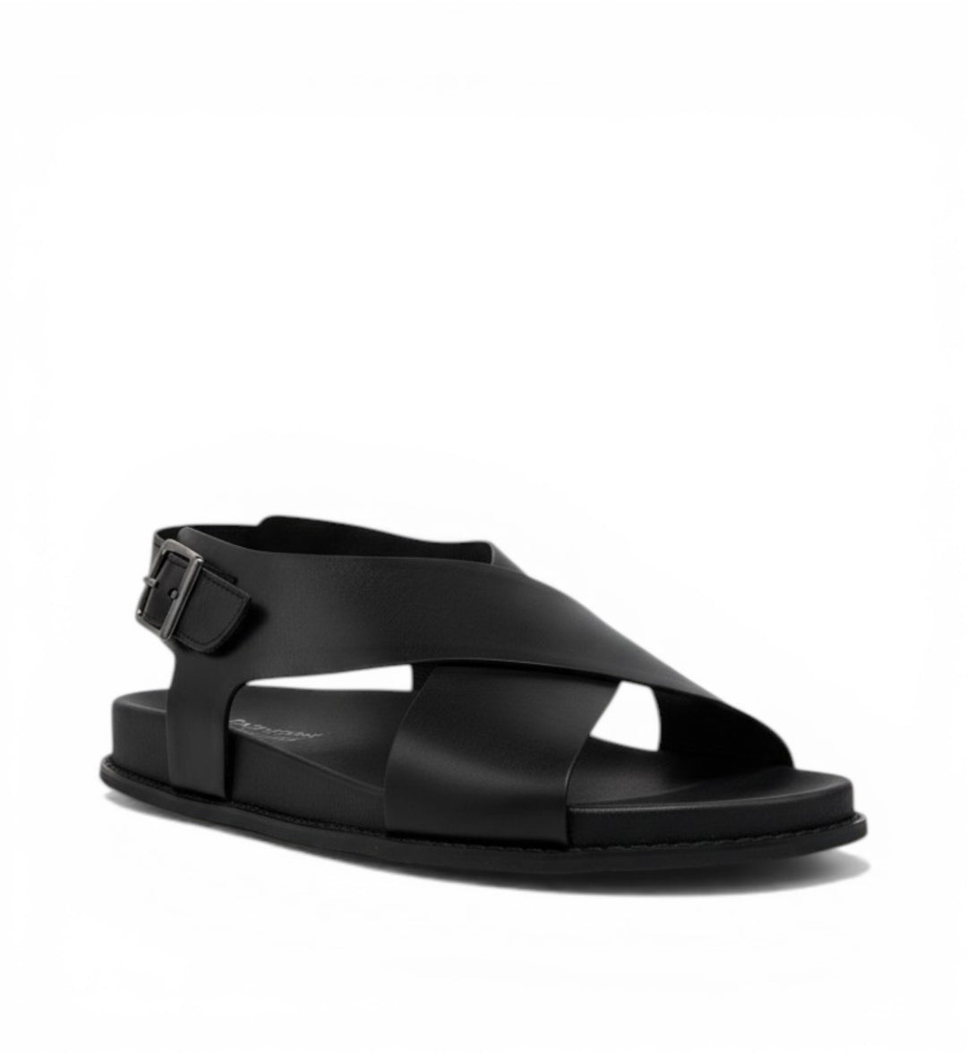 House of Florian Hanako black leather wide fit sandals with criss-cross straps and buckled heel strap.