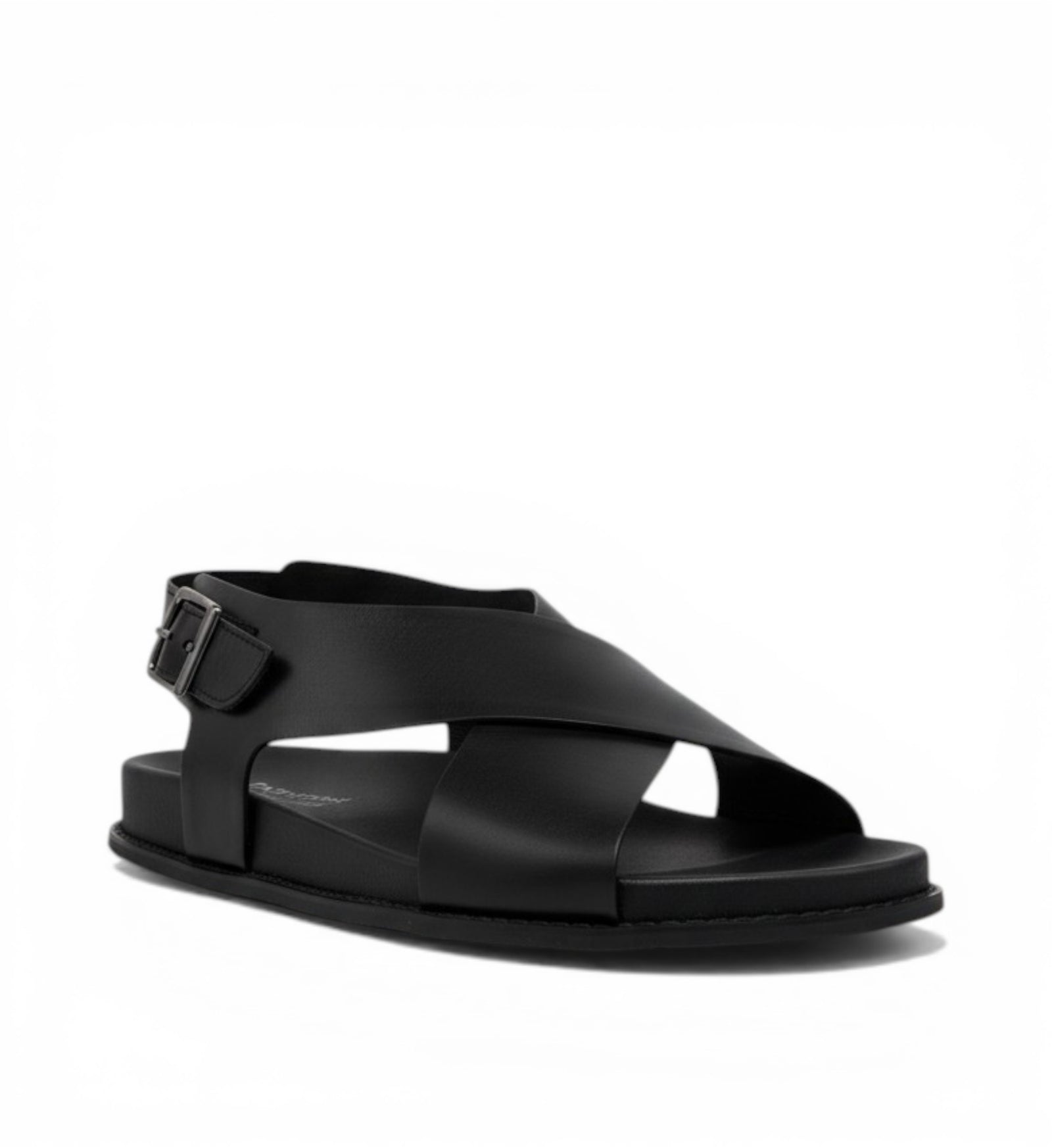 House of Florian Hanako black leather wide fit sandals with criss-cross straps and buckled heel strap.