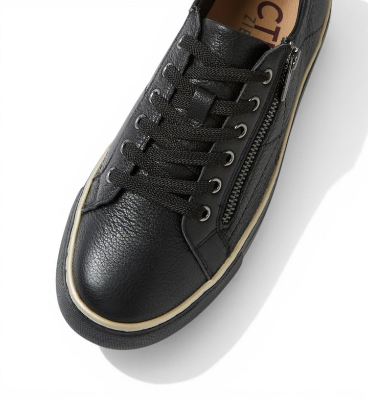House of Florian black leather Pryor side zip sneakers with laces and removable comfort footbed.
