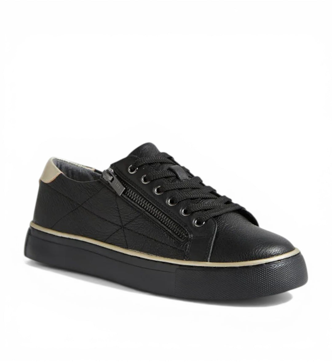 House of Florian black leather sneakers with side zip, quilted detail, and gold heel accent. Wide fit with removable footbed.