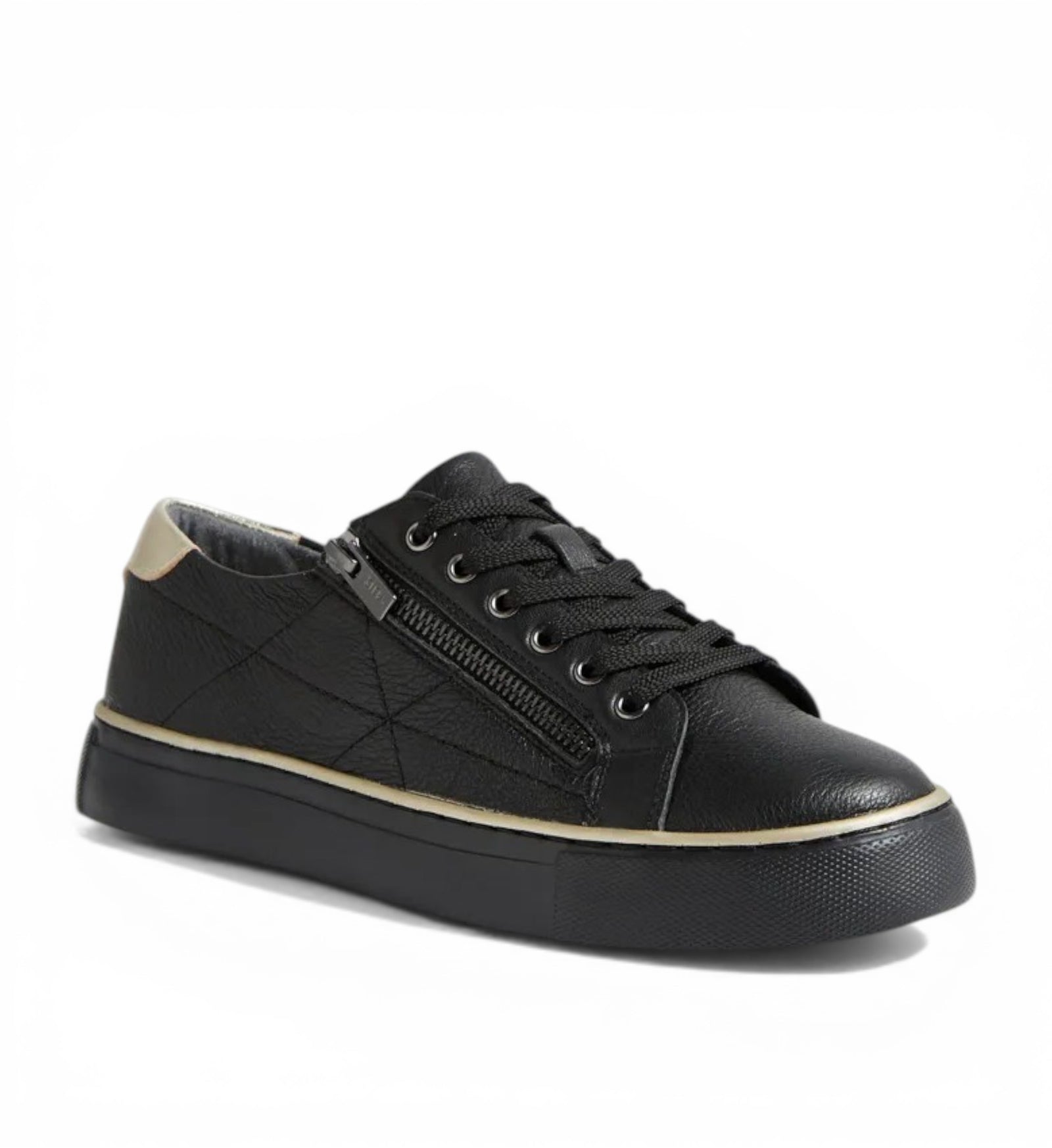 House of Florian black leather sneakers with side zip, quilted detail, and gold heel accent. Wide fit with removable footbed.
