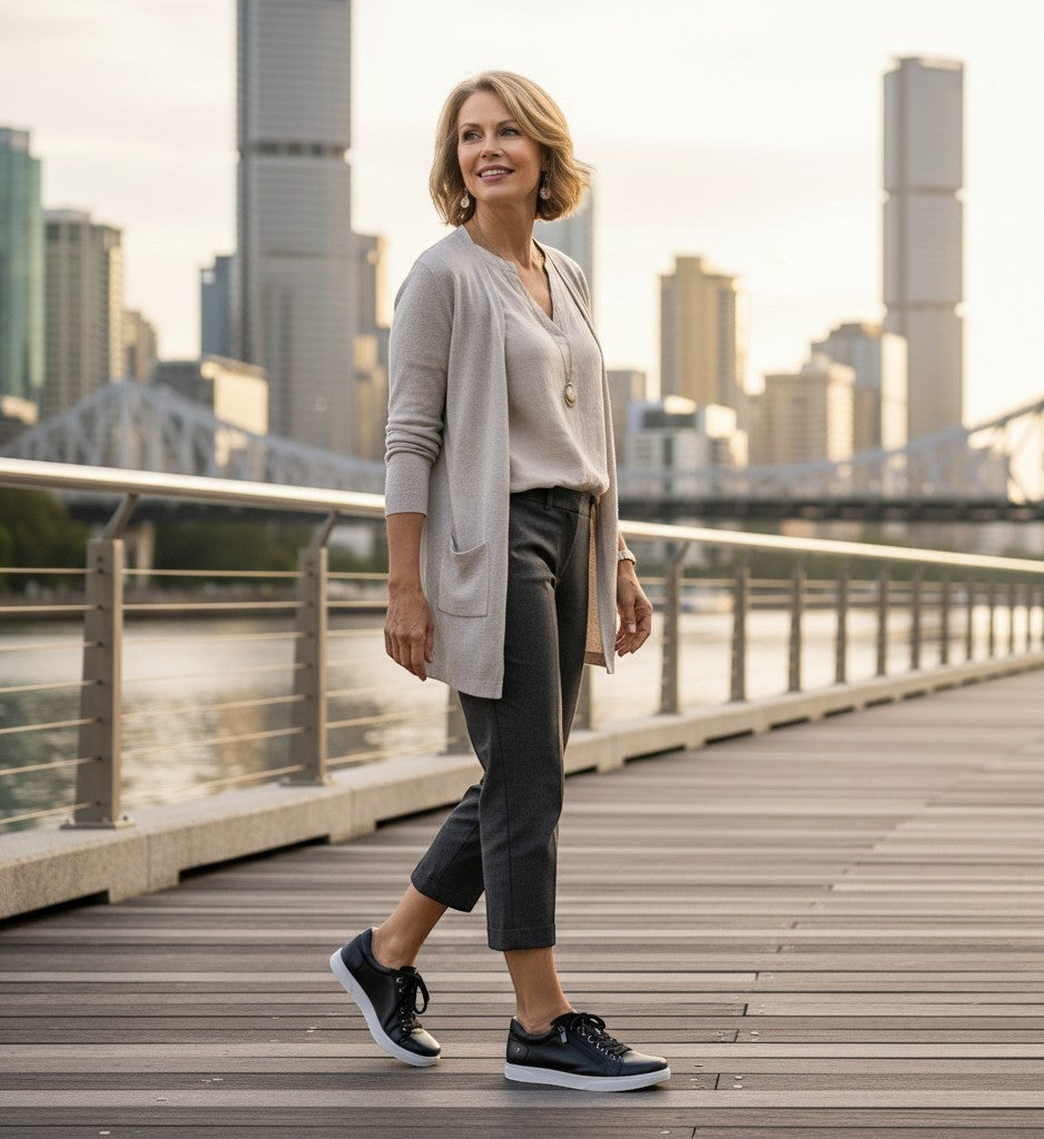 House of Florian Brisbane W Black leather women's sneakers with side zipper and white sole.