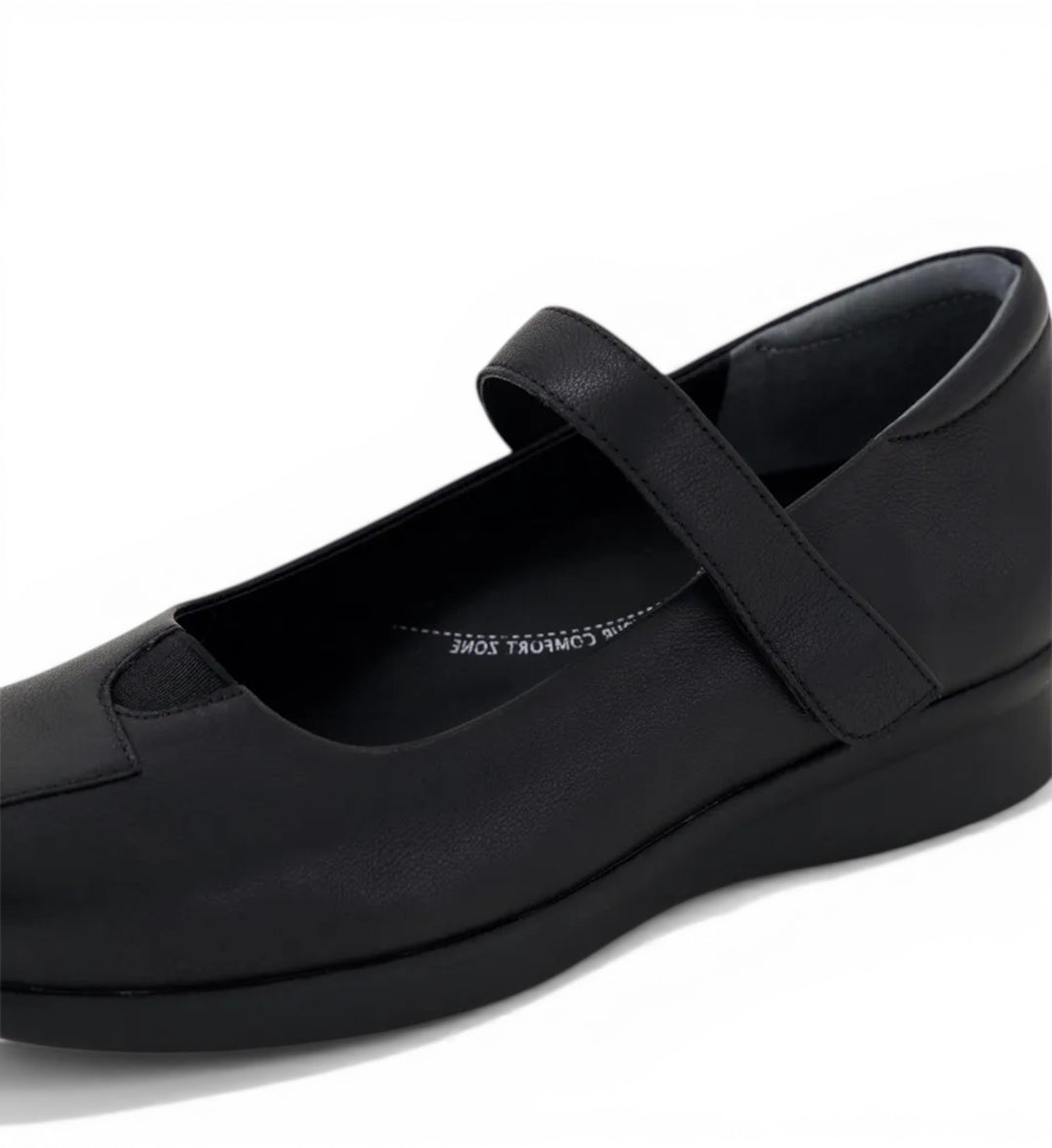 House of Florian Rhapsody W black leather Mary Jane shoes with adjustable strap and comfort sole.