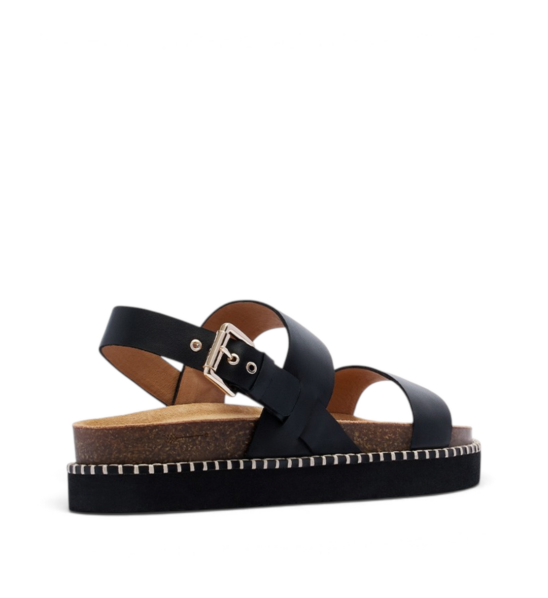House of Florian Hunter black smooth leather platform sandals with cork footbed and gold buckle side view