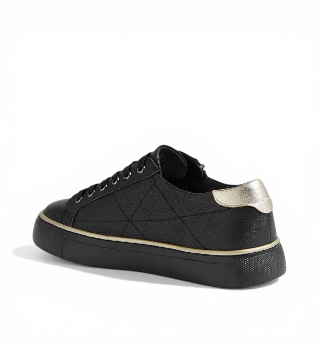 House of Florian black quilted leather sneakers with side zip and gold heel accent. Wide fit.