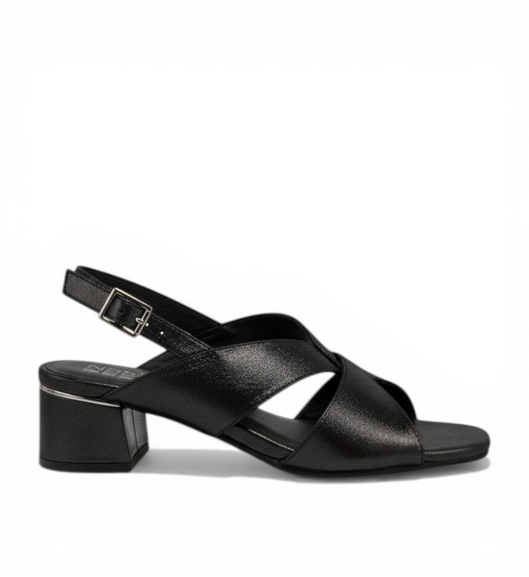 House of Florian Carlen W black shimmer leather slingback sandals with criss-cross straps and block heel.