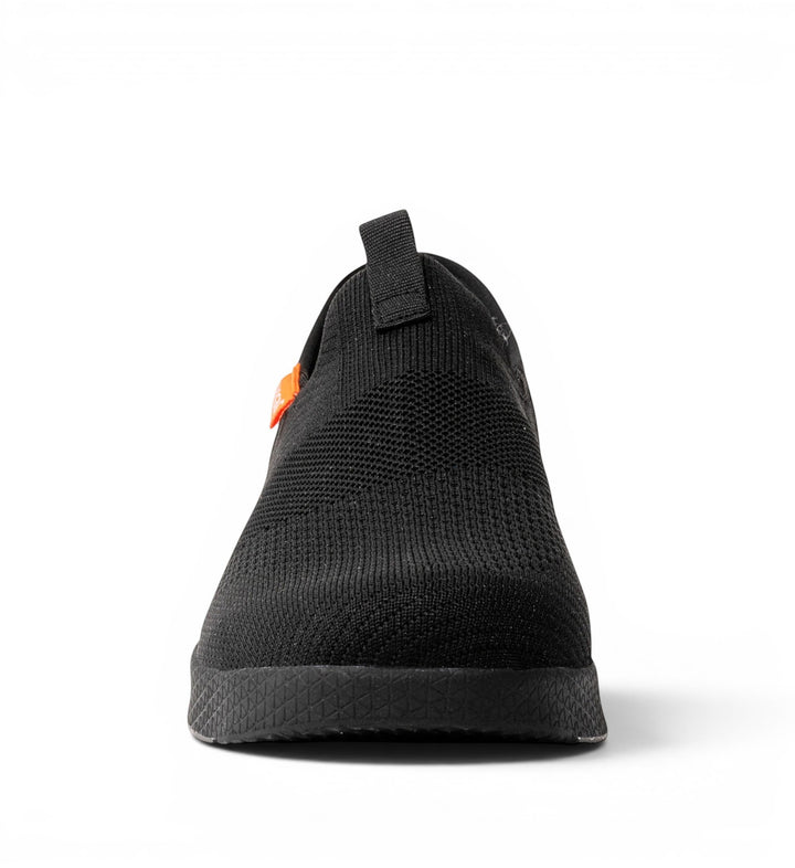 House of Florian black knit slip-on shoe with orange accent tab and pull loop.